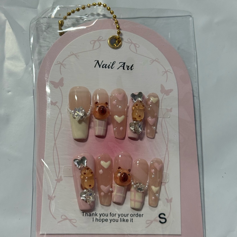 Elegant Pink and Cream Press-On Nails with Floral Accents